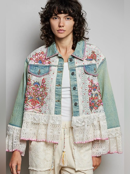 POL Jackets & Blazers - POL Embellished Beaded & Lace Denim Jacket